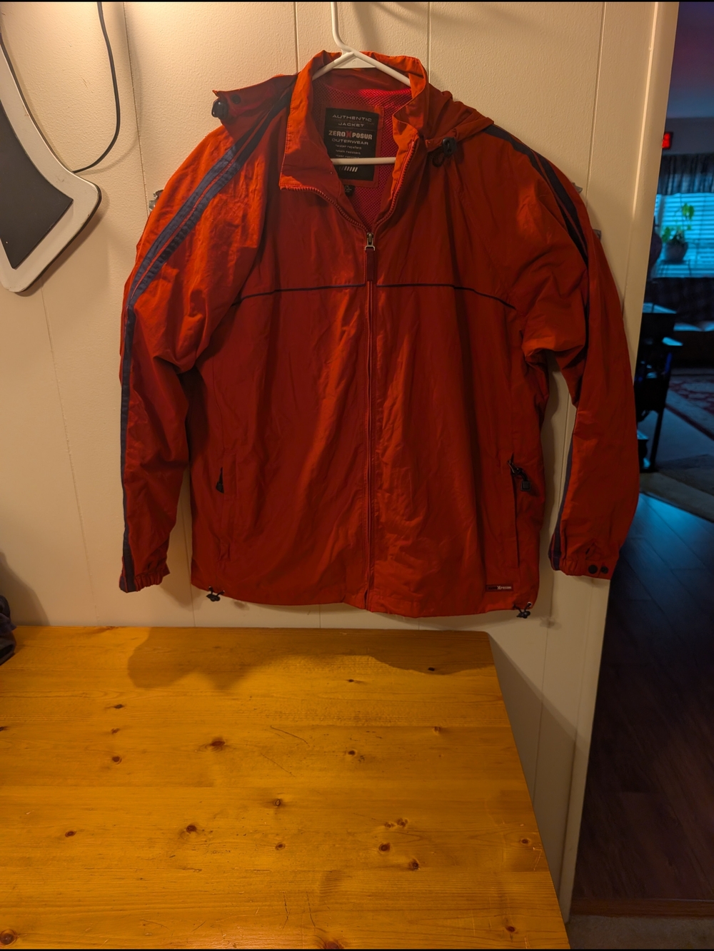 ZeroXposur Men's Red Hooded Raincoat with Navy Stripe Accents